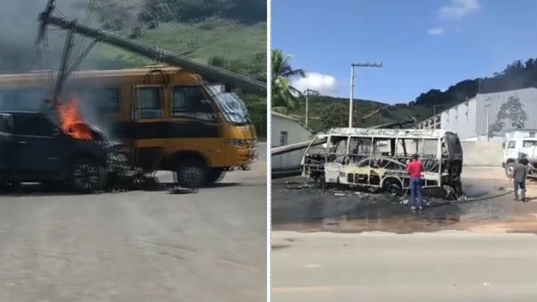 Ônibus e carro pegam fogo após acidente com feridos na tarde desta quarta-feira (17), na ES 320. em Ecoporanga