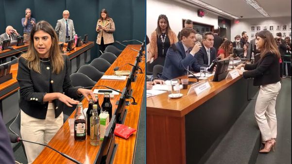 Deputada federal Camila Jara (PT-MT) ofereceu copo com suco de uva produzidos em assentamentos do MST ao deputado Ricardo Salles, durante a CPI