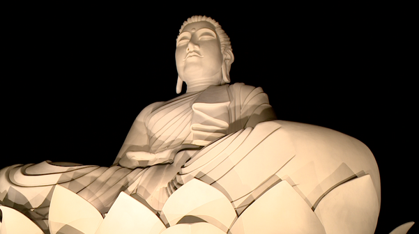 Buda gigante ganha nova iluminação e chama atenção de quem passa na BR-101