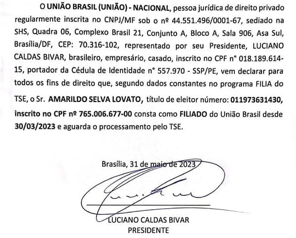 Declaração de Luciano Bivar sobre filiação de Amarildo Lovato ao União Brasil