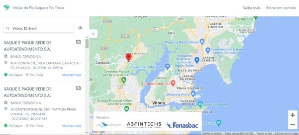 Mapa contendo os estabelecimentos que oferecem Pix Saque e Pix Troco