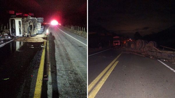 Duas carretas que transportavam blocos de granito tombaram na noite de quarta-feira (21), no km 37 da BR 259, em Colatina