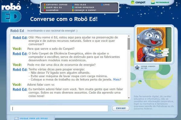 Interface do site do Robô Ed; chatbot foi desativado em 2016