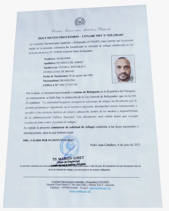 Max Pitangui obteve asilo provisório no Paraguai