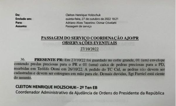E-mail da ajudância de ordens, de 27 de outubro de 2022, indica que o então presidente Jair Bolsonaro recebeu 