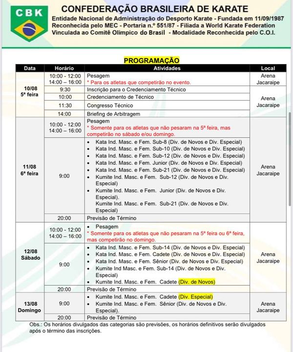 Programação completa da etapa do Campeonato Brasileiro de Karatê na Serra