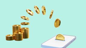 Isolate of Golden coins dropping and flying to smartphone for money transfer and internet mobile banking or electronic transaction concept by 3d render illustration.