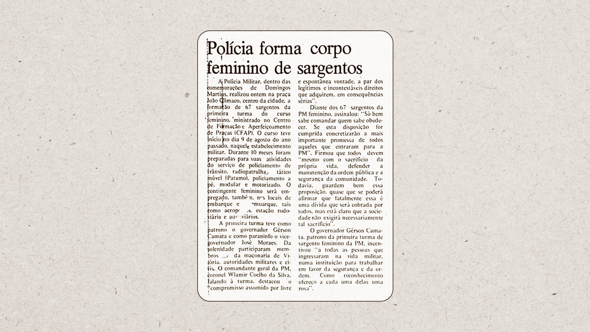 Publicação no Jornal A Gazeta sobre a primeira turma de mulheres na PMES