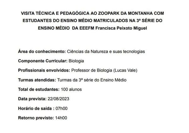 Documento da escola pediu autorização para ir ao Zoológico, em Marechal Floriano, no ES nesta terça-feira (22) — Foto: Reprodução