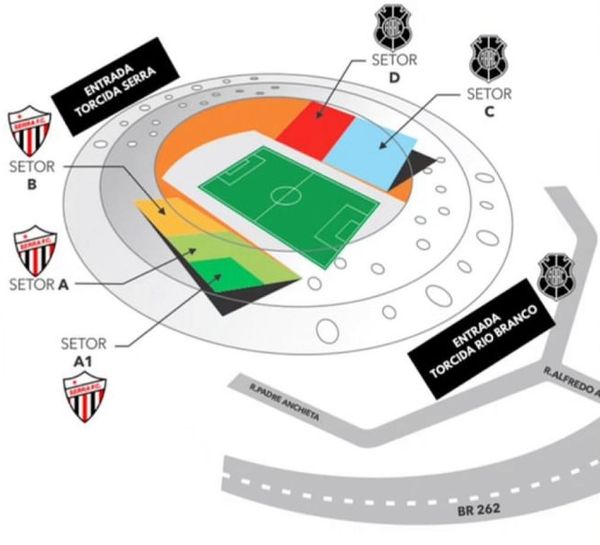 Mapa das entradas das torcidas de Serra e Rio Branco no Kleber Andrade