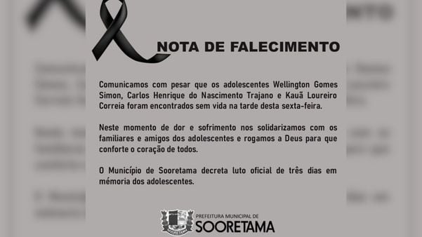 Prefeitura e escola emitem nota de pesar pelo falecimento dos três adolescentes em Sooretama