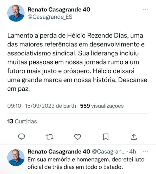 Tuíte de pesar de Casagrande pela morte de Hélcio Rezende