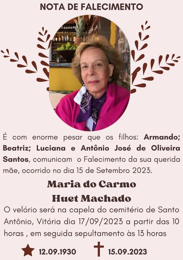 Nota de falecimento de Maria do Carmo Huet Machado