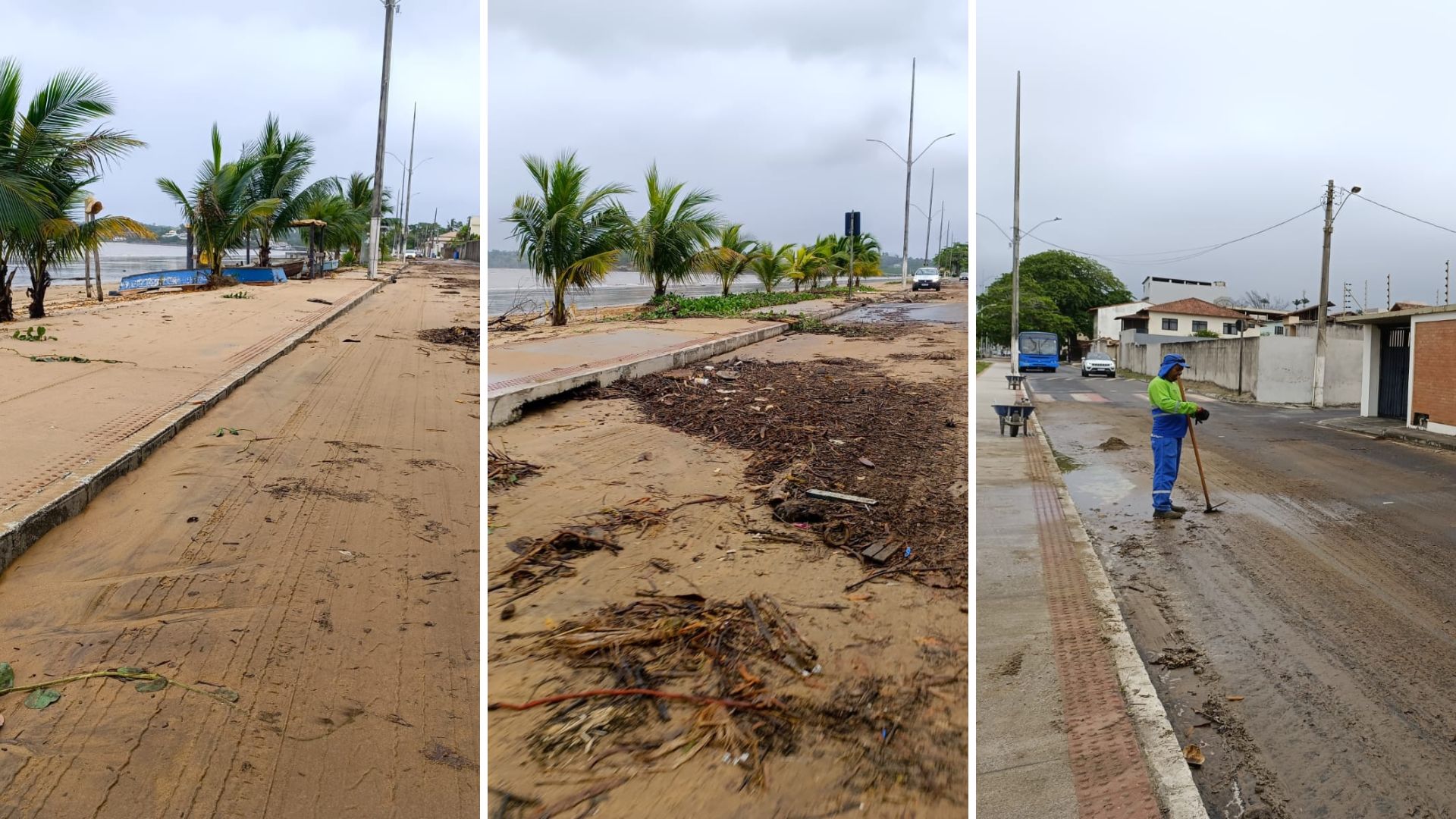 Avenida Beira-Mar amanheceu cheia de areia e com pedaços de plantas levadas pela força das ondas, nesta sexta-feira (29); prefeitura diz que já realizou limpeza