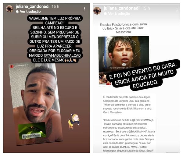 Esposa de Yamaguchi, Juliana Zandonadi rebateu as postagens de Esquiva Falcão
