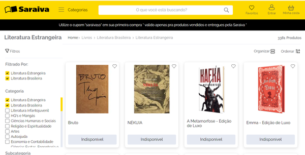 Livros estão indisponíveis até mesmo em e-commerce da Saraiva