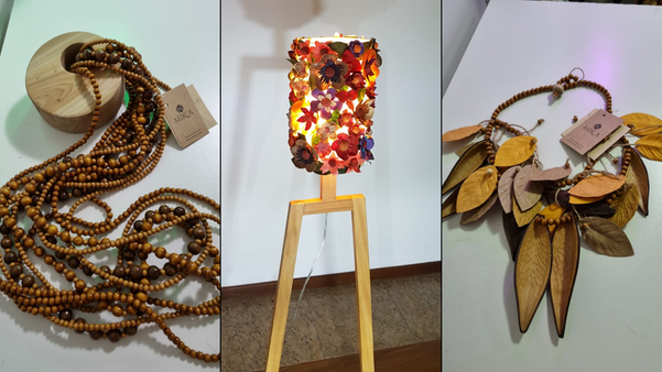Algumas peças feitas pela artesã Mikka Wentz utilizando madeira e fibras naturais