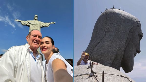Repetindo gesto de 32 anos atrás, comediante chegou aos braços do monumento, que completou 92 anos nesta quinta (12)