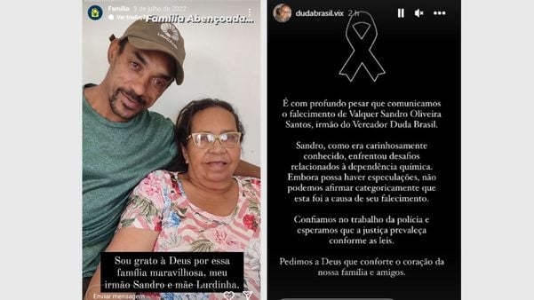 O vereador de Vitória Duda Brasil (União) falou sobre a morte do irmão em suas redes sociais; ele também mantinha postagens antigas do irmão assassinado