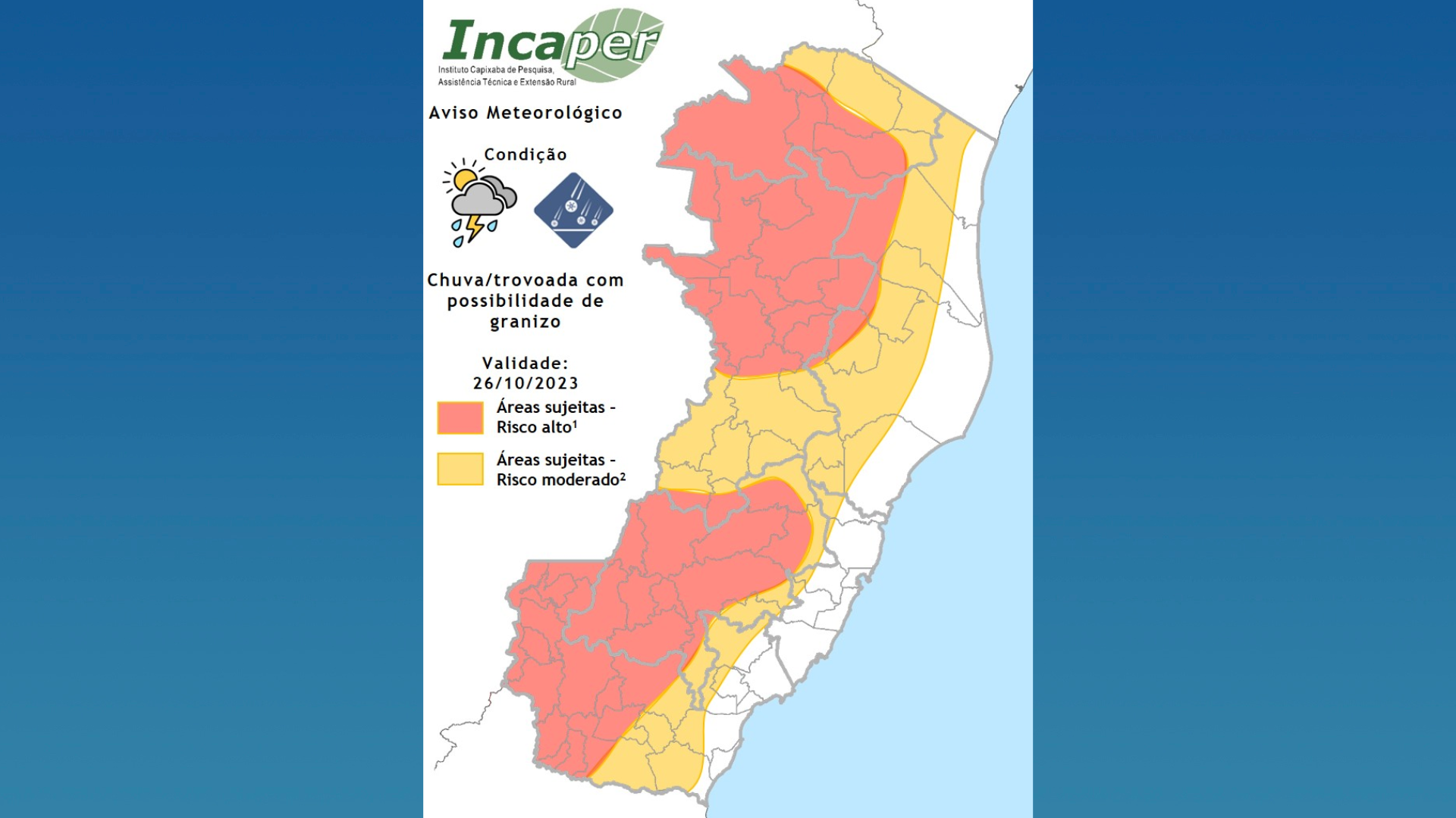 Incaper alerta que há condições meteorológicas favoráveis para ocorrência de de pancadas de chuva com trovoada e rajadas de vento nesta quinta-feira (26)