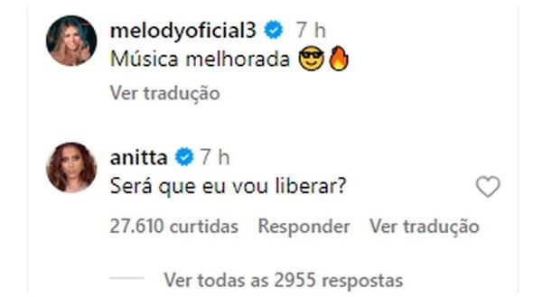 Comentário de Anitta na publicação de Melody