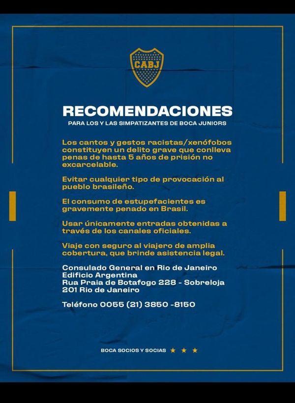 Nota oficial do Boca Juniors sobre recomendação de comportamento para seus torcedores