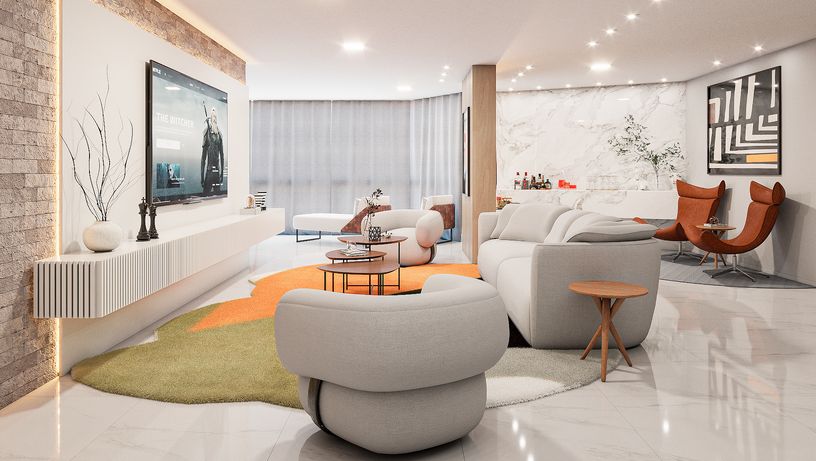 No apartamento do ex-BBB Lucas Bissoli, Renzo Cerqueira apostou em alguns pontos de cores para personalizar o apartamento com um conceito único