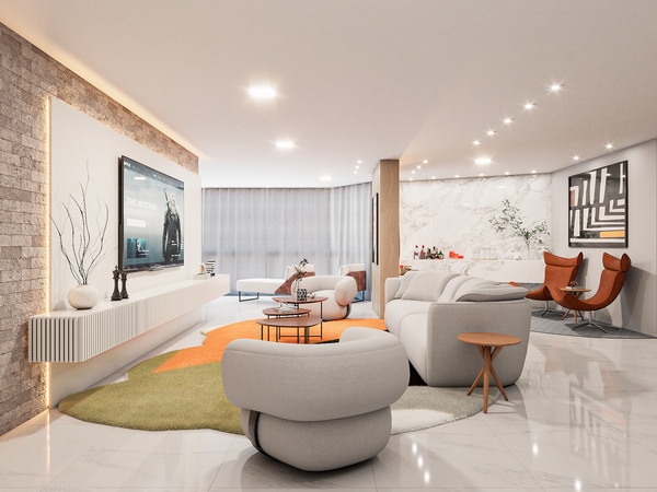 No apartamento do ex-BBB Lucas Bissoli, Renzo Cerqueira apostou em alguns pontos de cores para personalizar o apartamento com um conceito único