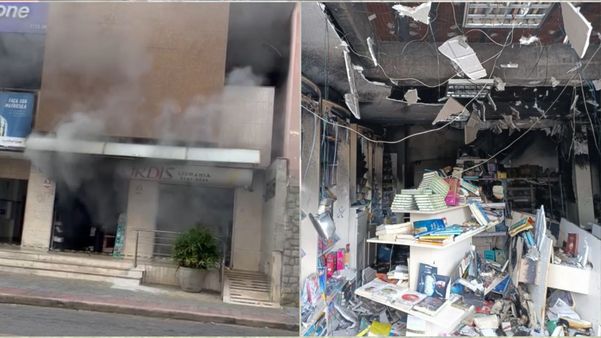 Imagens mostram a livraria durante e após o incêndio que começou na manhã desta terça-feira (7)