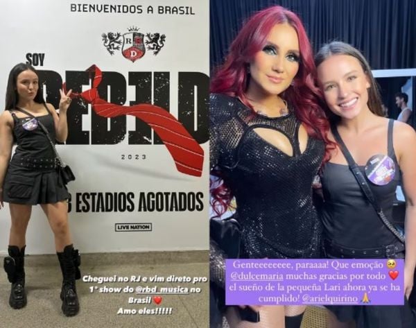 A atriz Larissa Manoela e a cantora do grupo RBD Dulce Maria nos bastidores do show de 9 de novembro no Engenhão, no Rio de Janeiro