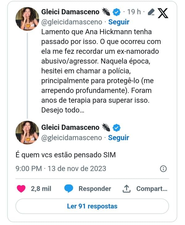 Tweet de Gleici Damasceno contando que também foi agredida por um ex
