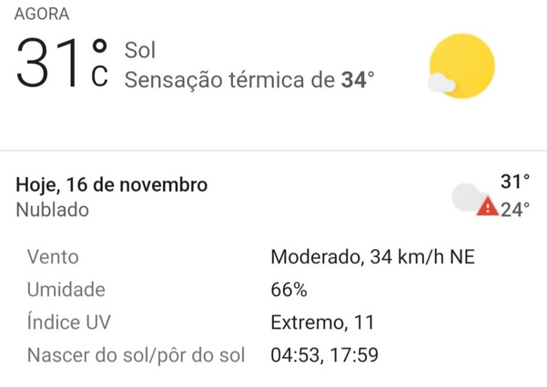 Temperatura e sensação térmica média em Vitória às 14 horas de 16/11; vento e umidade influenciam