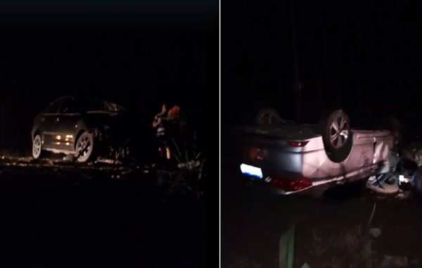Colisão ocorreu na noite de sexta-feira (17); um carro capotou e o outro ficou completamente destruído