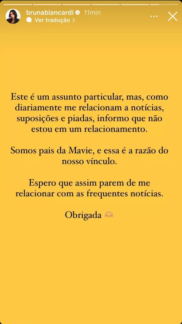Bruna Biancardi confirmou que não está mais em um relacionamento