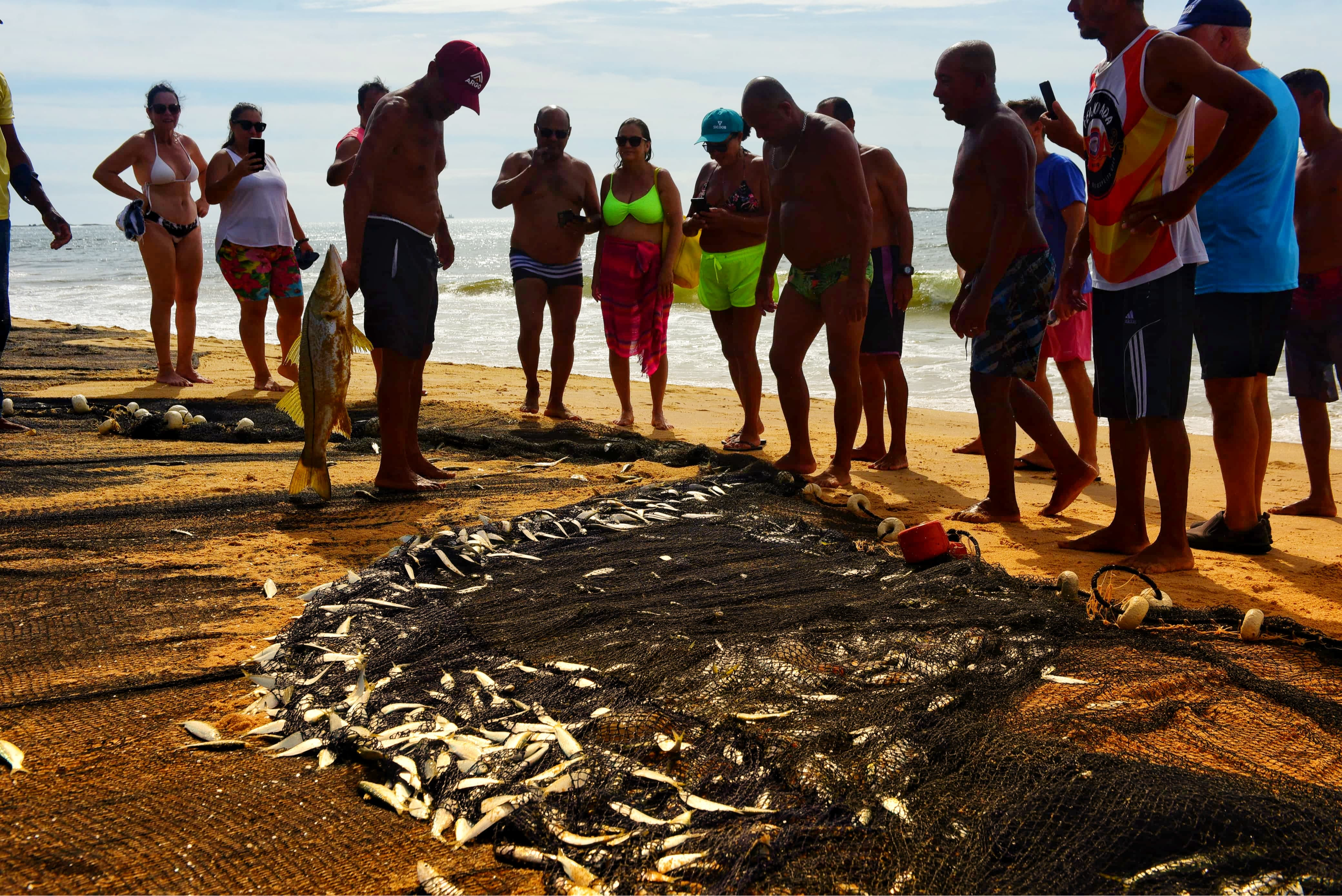 A puxada de rede trouxe fartura na orla de Vila Velha aos pescadores e moradores