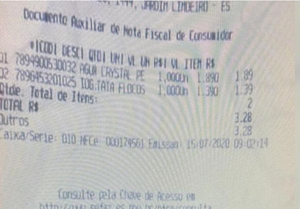 Cupom fiscal mostra valor final da compra feita pelos irmãos e comprova que eles pagaram pelos produtos