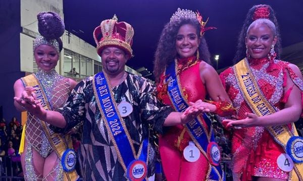 Família Real do Carnaval de Vitória 2024 terá como representantes Luiz Guilherme (Rei Momo), Lohana Caitano (Rainha), Enaile Carla (Primeira Princesa) e Bruna Silva (Segunda Princesa)