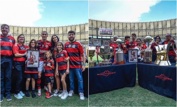 Filipe Luís e Rodrigo Caio foram homenageados e posaram ao lado dos troféus que conquistaram no Flamengo
