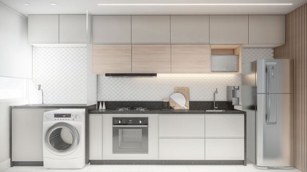 Nesse apartamento foi feita uma divisão parcial com um vidro jateado.