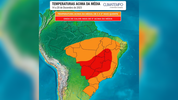 Mapa mostra parte do Espírito Santo em laranja, onde temperatura deve ficar acima da média, mas sem ser classificada como onda de calor