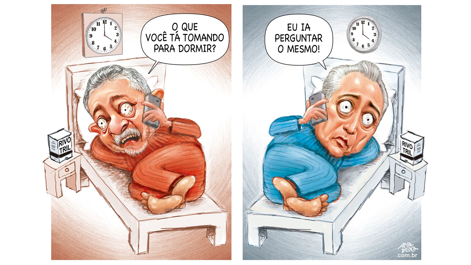 Charge de 2018: o ex-presidente Lula, sem dormir, liga para o presidente Michel Temer, que também está sem dormir. Crédito:  Reprodução | Amarildo