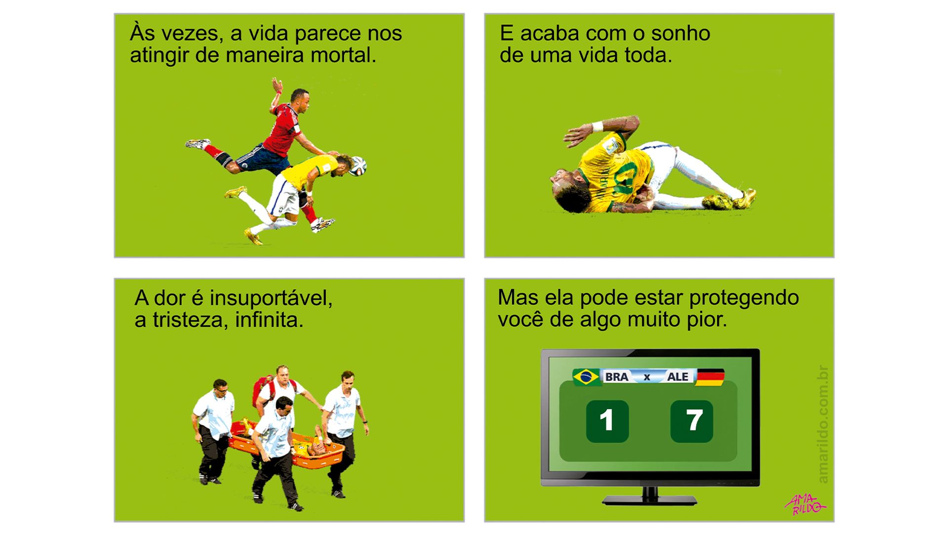 Quadrinhos que retratam a lesão do jogador da seleção Neymar, na Copa do Mundo 2014
