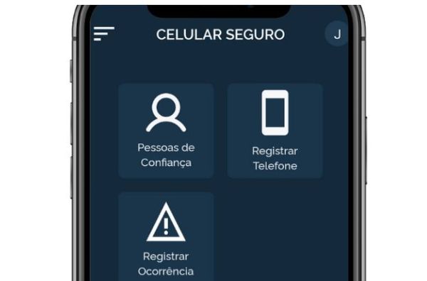 Tela inicial mostra as opções: pessoas de confiança, para cadastrar contatos com permissão para bloquear o celular; Registrar ocorrência, para bloquear celulares; e Registrar telefone, para adicionar novos aparelhos por Reprodução/Governo federal