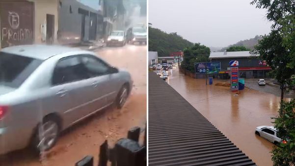 Chuva forte no Bairro Santo Antônio (à direita) e Carlos Germano Naumann (à esquerda), em Colatina 