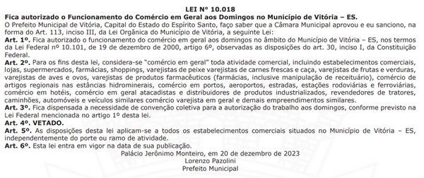 Lei autoriza funcionamento do comércio aos domingos em Vitória