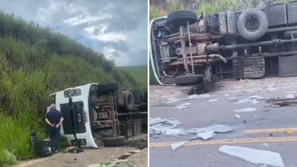 Motorista fica ferido após caminhão de pedras tombar em Cachoeiro 