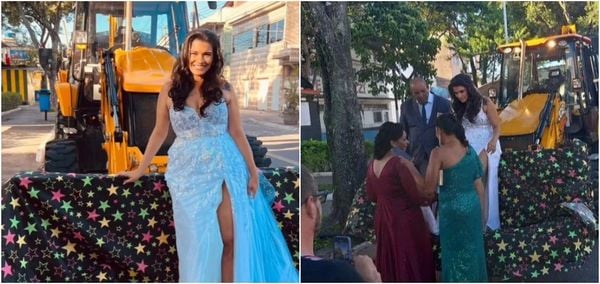 Renata Coutinho usou uma retroescavadeira para ir até seu casamento