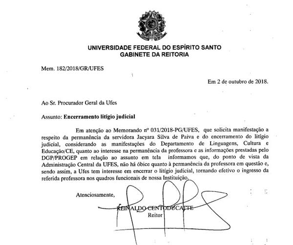 Cópia do acordo firmado entre reitoria e a professoria Jacyara para o encerramento do litígio judicial