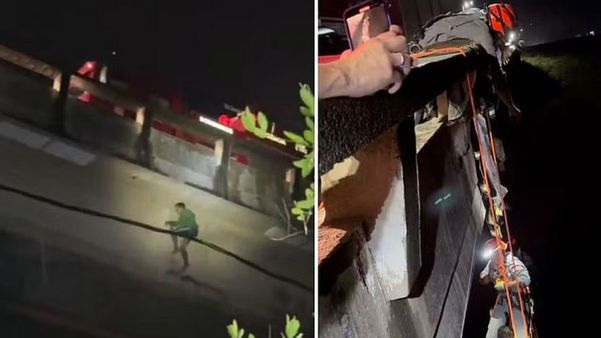 Imagens mostram a vítima agarrada em cabos na ponte e também o resgate