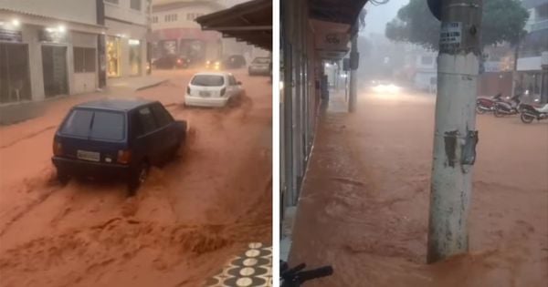 Vídeos que circulam nas redes sociais mostram a forte chuva no município de Afonso Cláudio nessa segunda-feira (22)